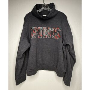 PINK Victorias Secret Campus Cowl Neck Sweater Top Grey Plaid Sz L Christmas Y2K